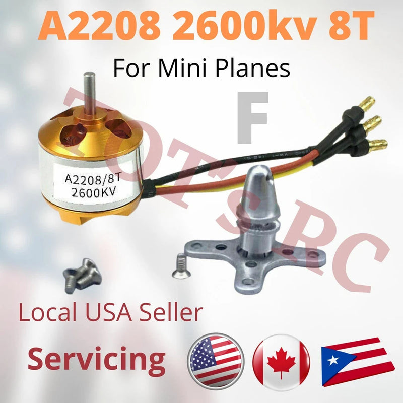 Brushless outrunner motor with gold housing, wires, and mounting bracket