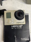 GoPro HERO3+ Silver action camera with front lens and LCD screen, HERO3+ SILVER label