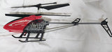 Red RC helicopter drone with black landing skids and rotor blades, helicopter only