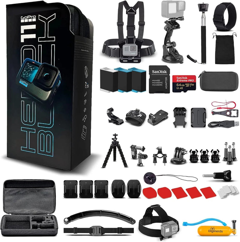 Black waterproof action camera bundle with helmet mounts, straps, case, and remote accessories