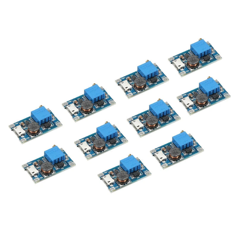 Set of 10 DC-DC boost converter modules with micro USB input and blue terminals