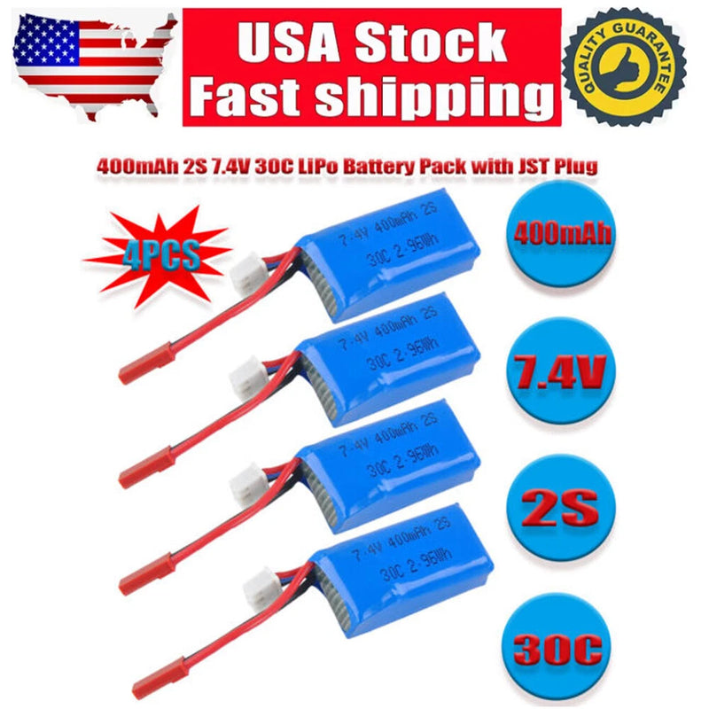4 Pack  2S 7.4V 400mAh LiPo Battery +JST Plug for Micro FPV Drone Quadcopter USA Battery