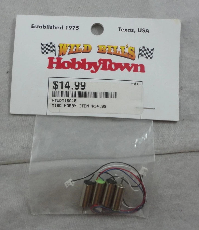 4 brushed quadcopter motors in clear plastic bag with attached wire leads