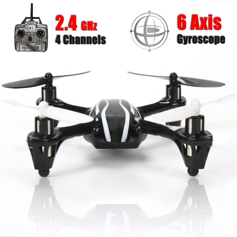 Mini quadcopter drone with four propellers, black and white body