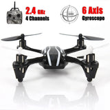 Mini quadcopter drone with four propellers, black and white body
