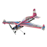 Pink, blue, and white sport RC airplane with tricycle landing gear and propeller.