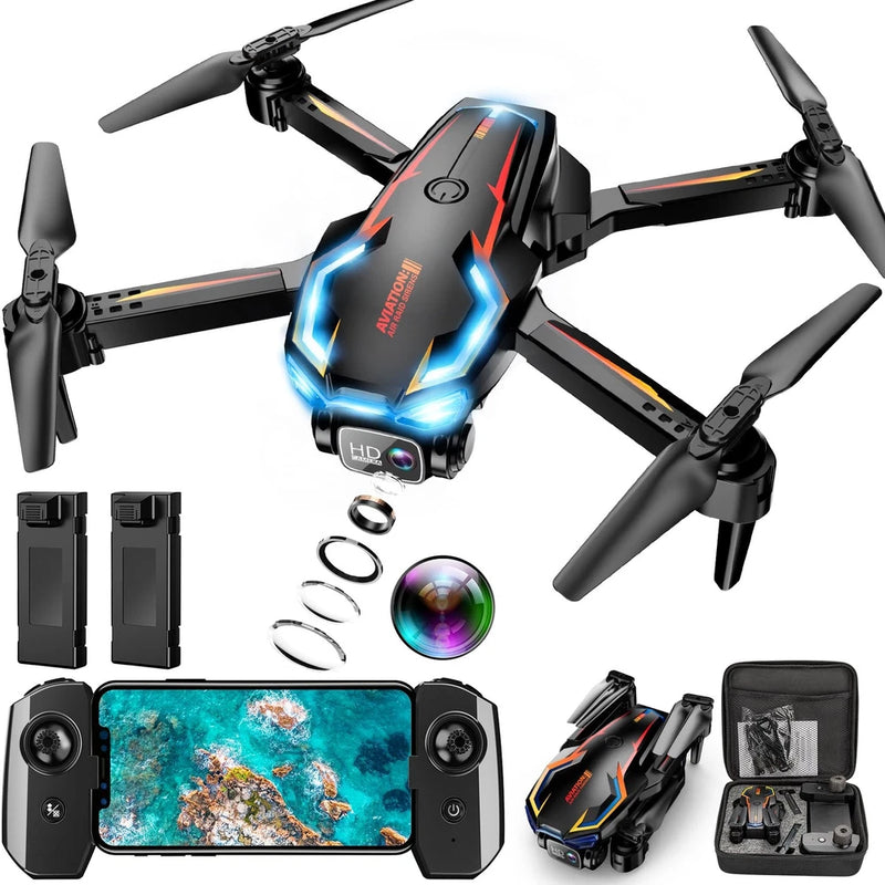 Black quadcopter drone with camera, arms extended, plus controller and accessory pieces.
