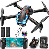 Black quadcopter drone with camera, arms extended, plus controller and accessory pieces.