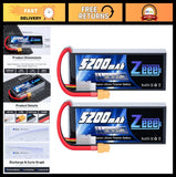 2S LiPo RC battery with red wires and XT60 connector, printed 5200mAh label