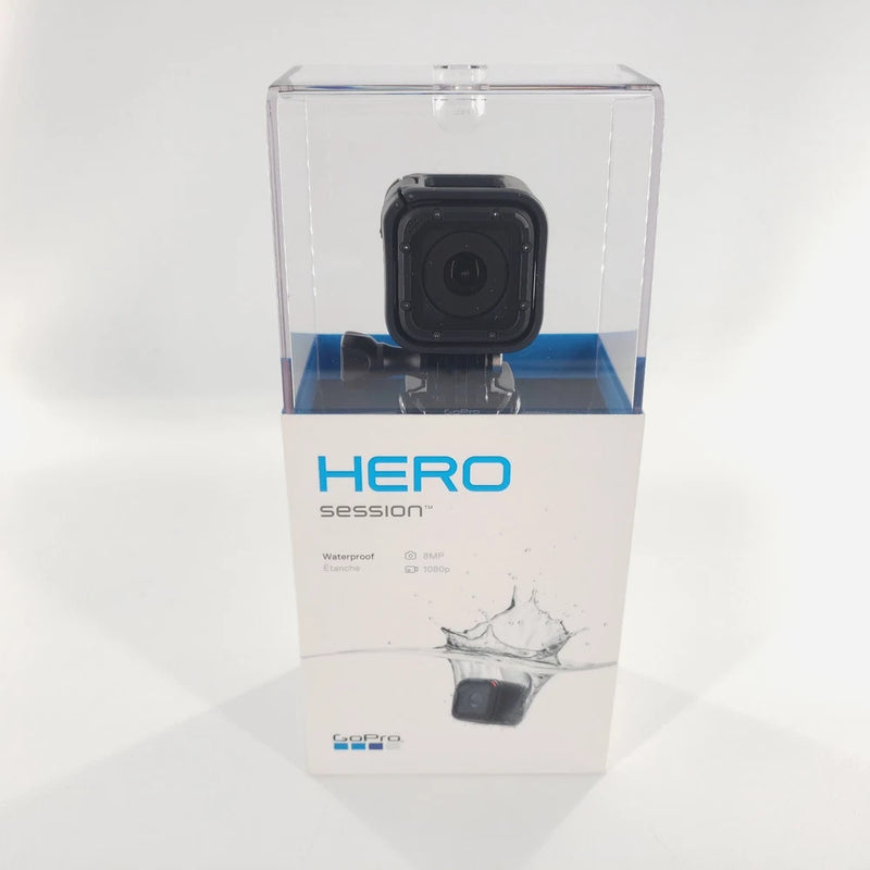 Black action camera in clear retail box, front lens visible
