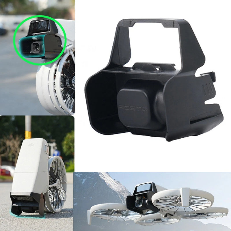 Black camera lens cover hood protector for a drone, with front opening and side mount