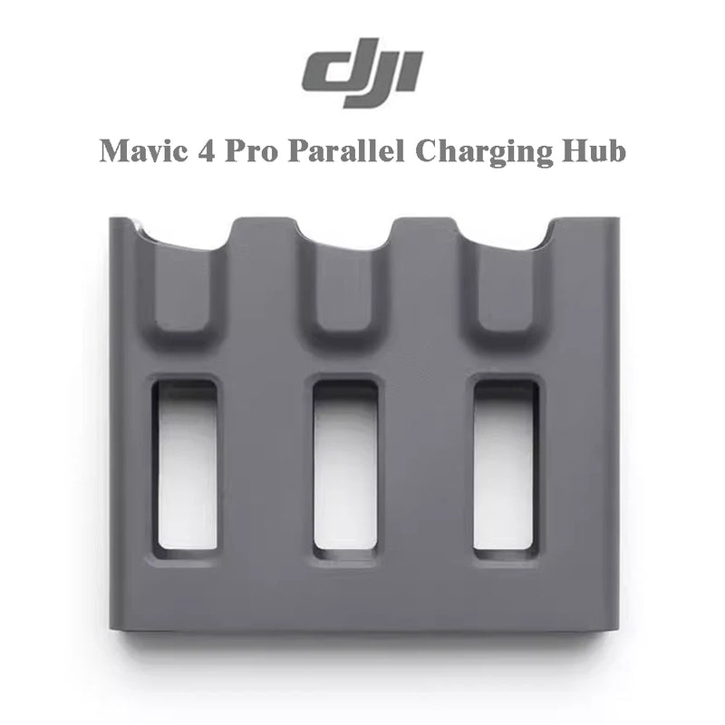 DJI parallel charging hub with three rectangular battery slots, gray plastic