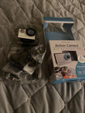 HD 720p action camera with waterproof case and retail box, front view