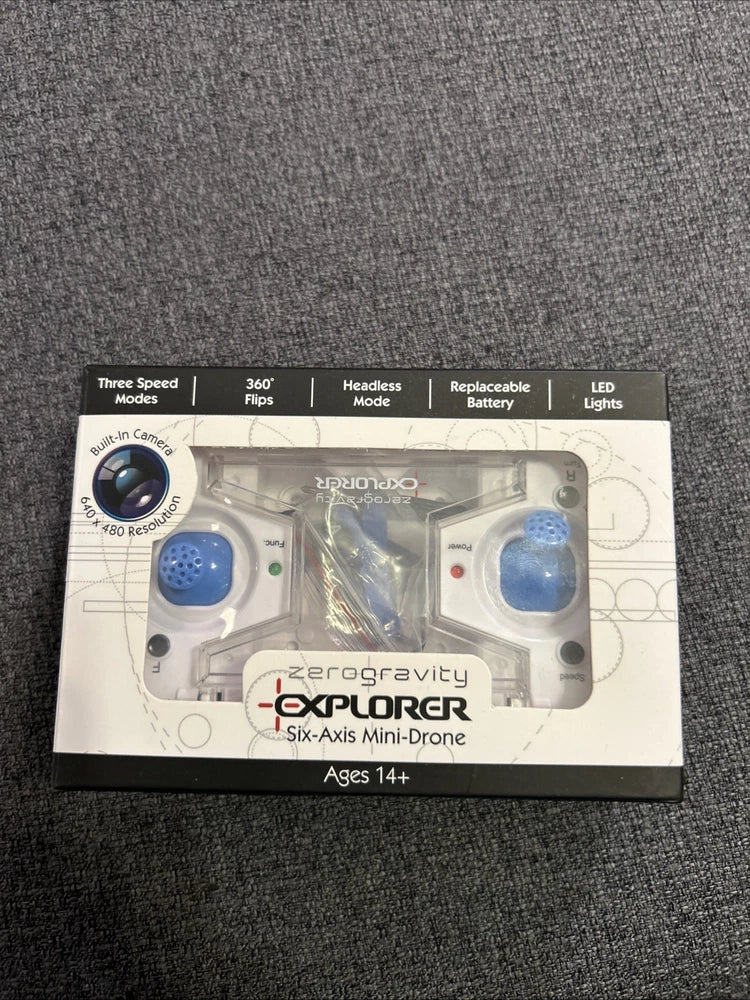 Six-Axis mini-drone retail box with blue propeller guards and remote controls