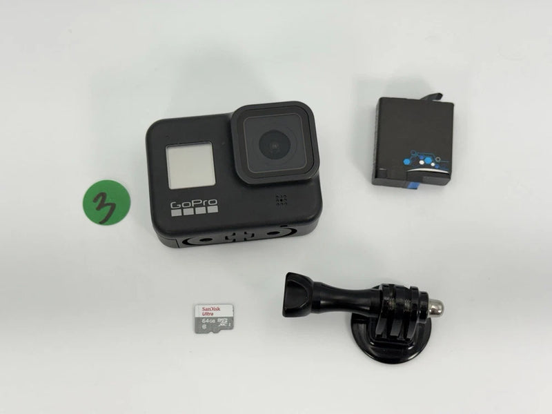 GoPro action camera with battery, 64GB SD card, and mounting clip
