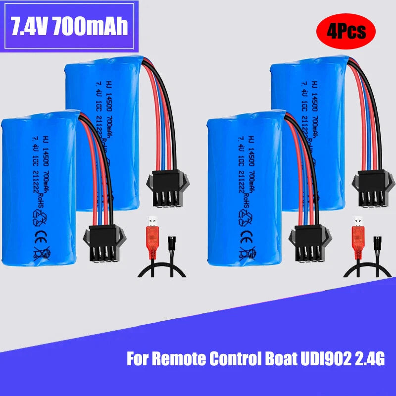 4Pcs 7.4V 700mAh Li-ion Battery SM-4P Plug with Charger for RC Boat UDI902 2.4G