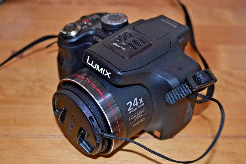 Black Panasonic LUMIX digital camera with 24x zoom lens and attached strap