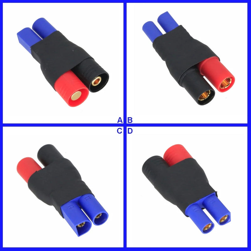 No-wire battery adapter with black housing and red & blue plug connectors
