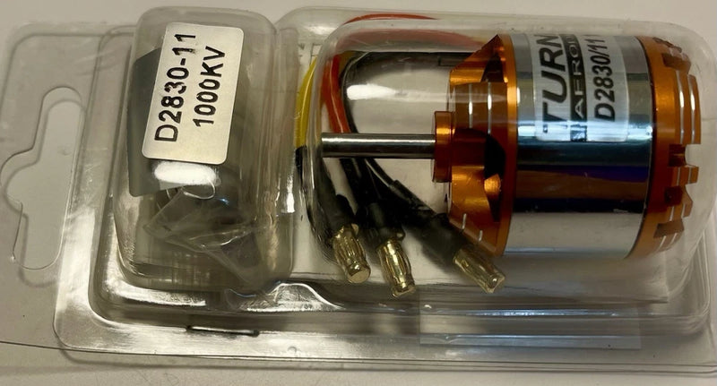 Brushless motor in clear blister pack, silver body with orange stator and gold leads