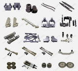 Aluminum RC car upgrade parts kit with brackets, axles, springs, and gears, DIY hardware