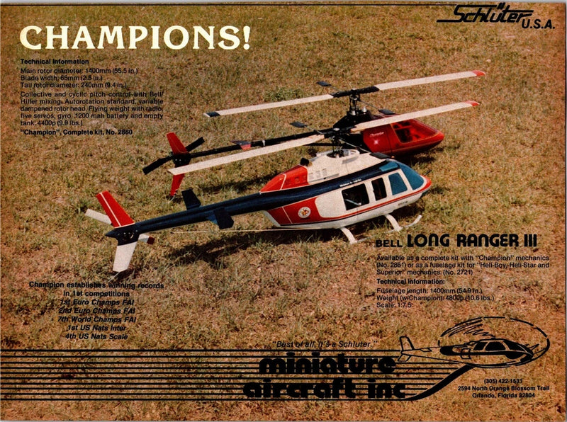 Vintage Schluter U.S.A. print ad featuring Bell Long Ranger III helicopter, text blocks.