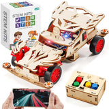 Wooden STEM remote control car kit with red wheels and handheld remote control unit