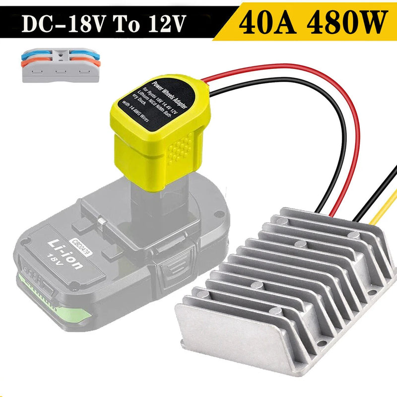 DC 18V to 12V step-down voltage regulator with heat sink and red/black wires