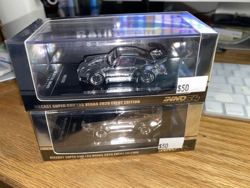 INNO64 diecast car model in clear box, chrome black detailing, front view