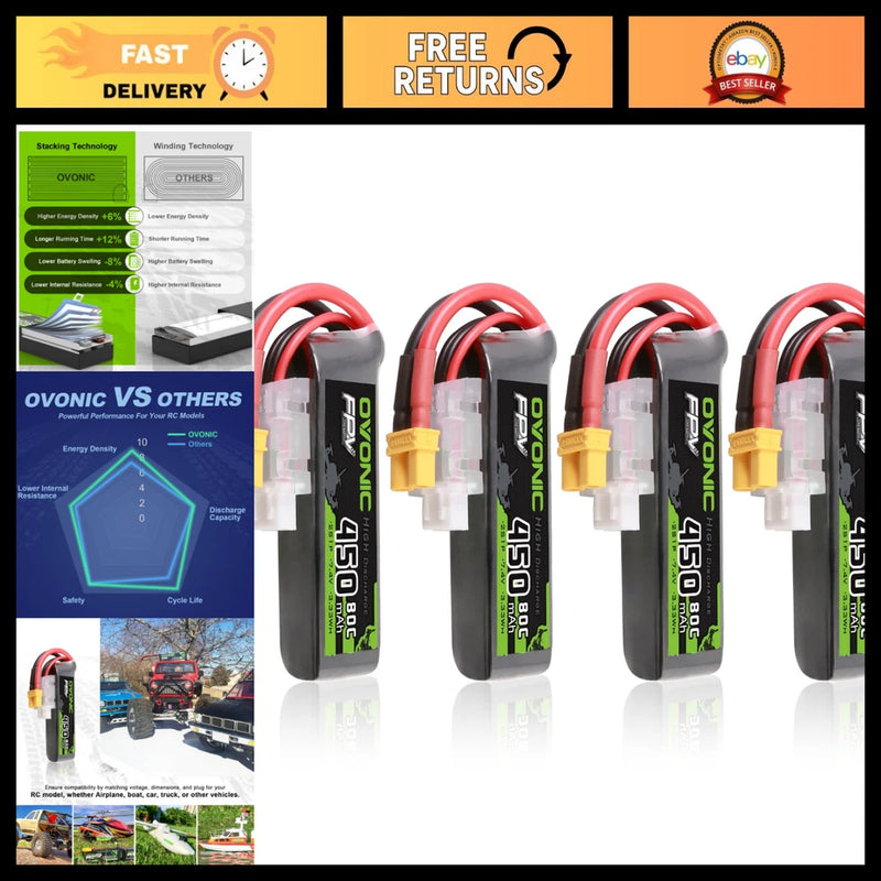7.4V 80C 450mAh 2S Lipo Battery Long Size with XT30 Plug - Pack of 4 Batteries Battery