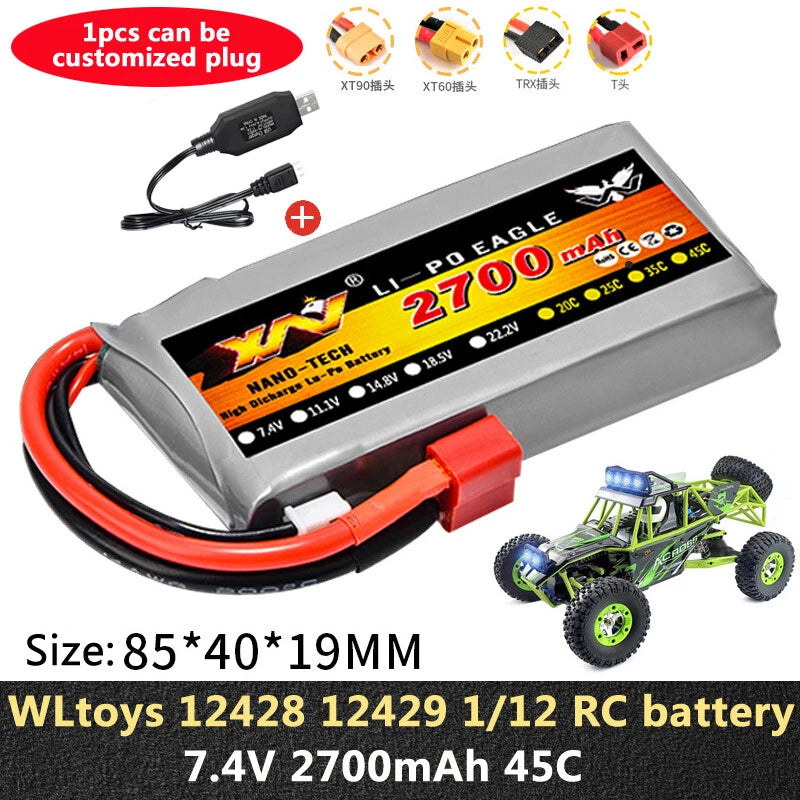 1 x 7.4V 2700mAh 2s 45C Lipo Battery For Wltoys 12428 12423 RC Car feiyue 03 Q39