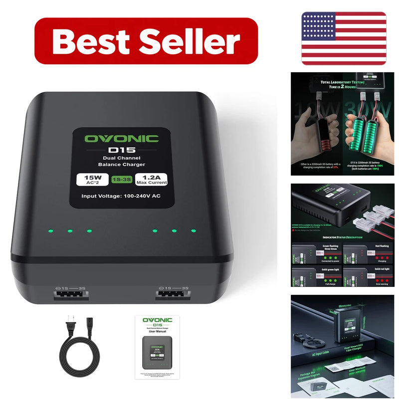 D15 Dual Battery Charger AC 15W - Black for LiPo Battery