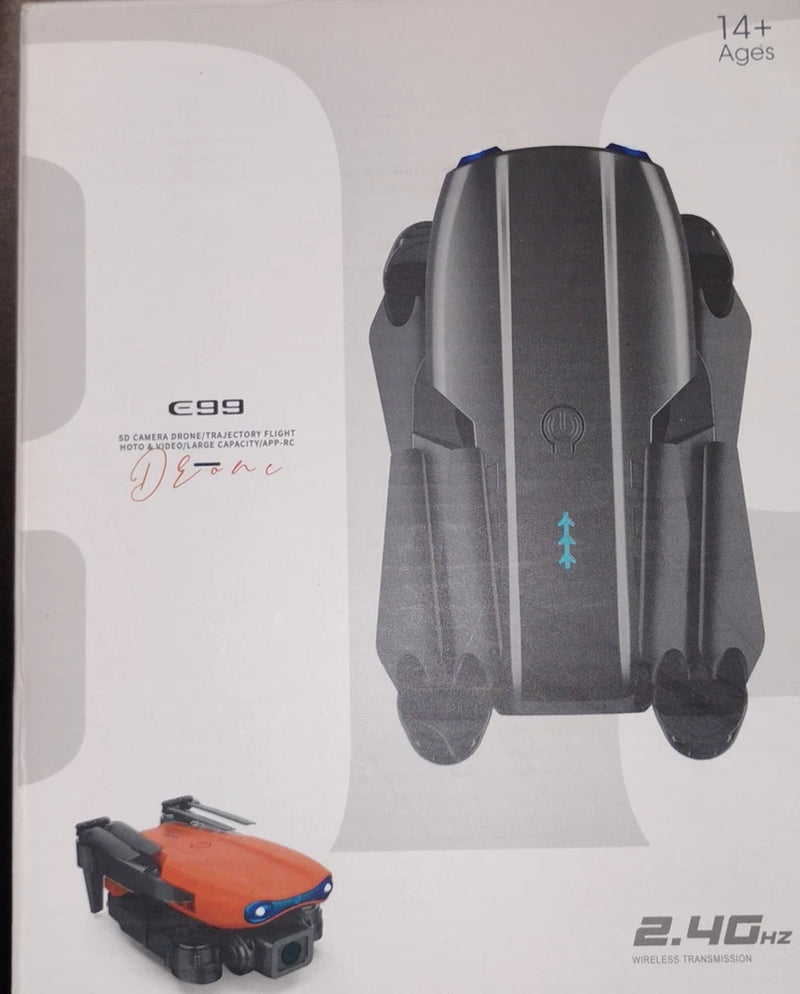E99 quadcopter drone, black body with orange top and blue front lights, camera lenses
