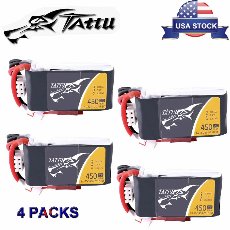 4X Tattu 450mAh 7.4V 75C 2S Lipo Battery JST Plug For BabyHawk FPV RC Quadcopter