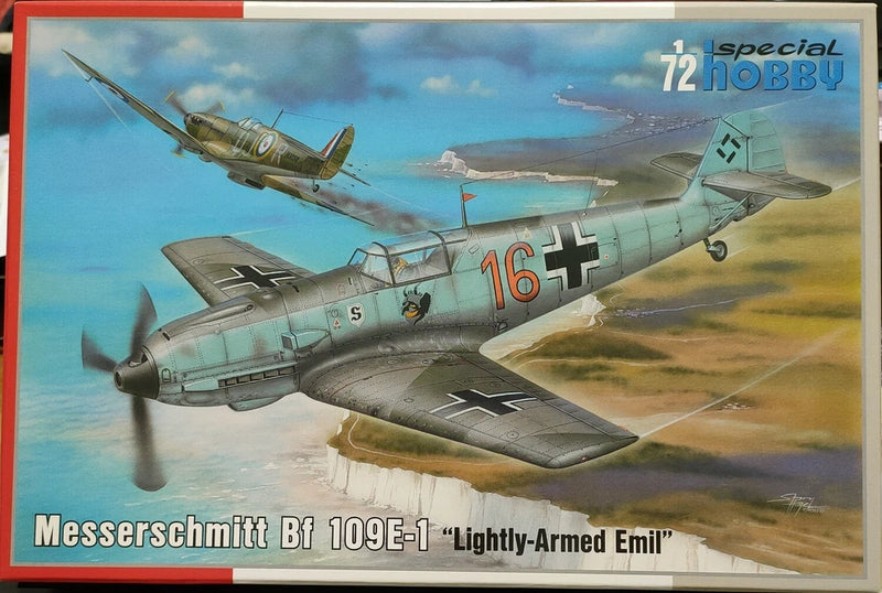 Special Hobby 1/72 Messerschmitt Bf 109E-1 model kit box with Emil aircraft artwork