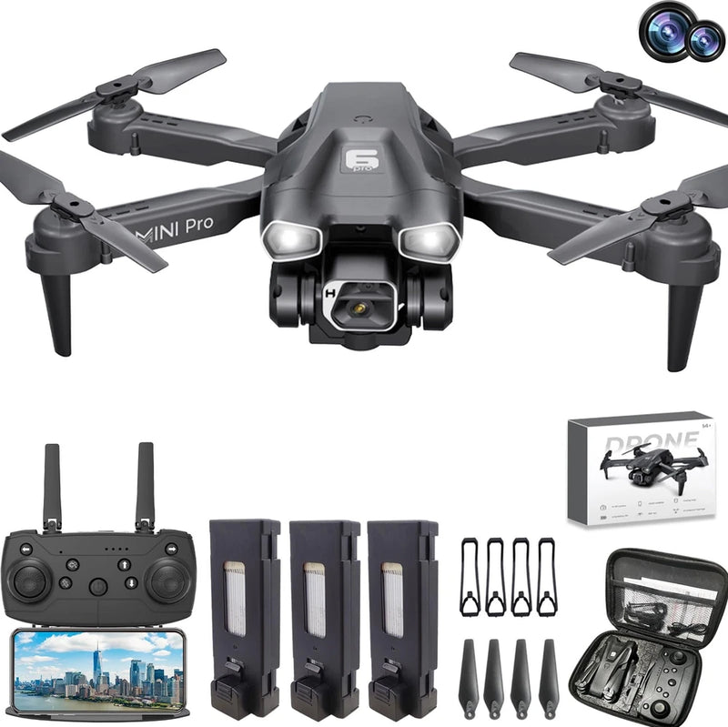 Dual-camera mini FPV drone with remote controller, batteries, and charging accessories