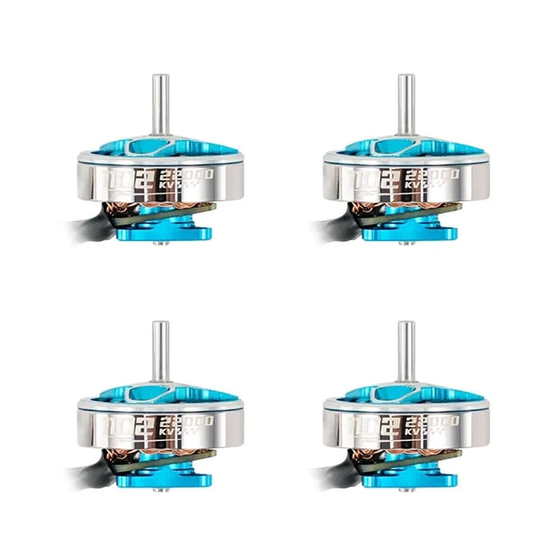 Set of four brushless RC motors with silver housings and blue top plates, labeled 22000KV