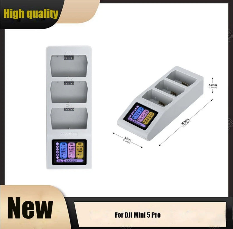 Drone battery charging hub with LCD screen and four gray slots