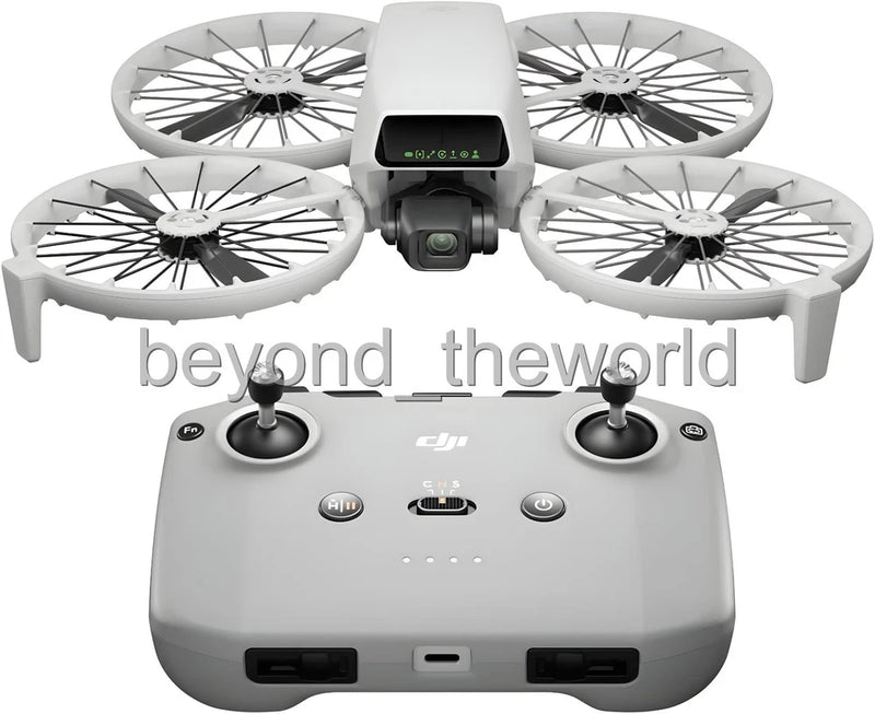 Quadcopter drone with front camera, four propellers, gray body