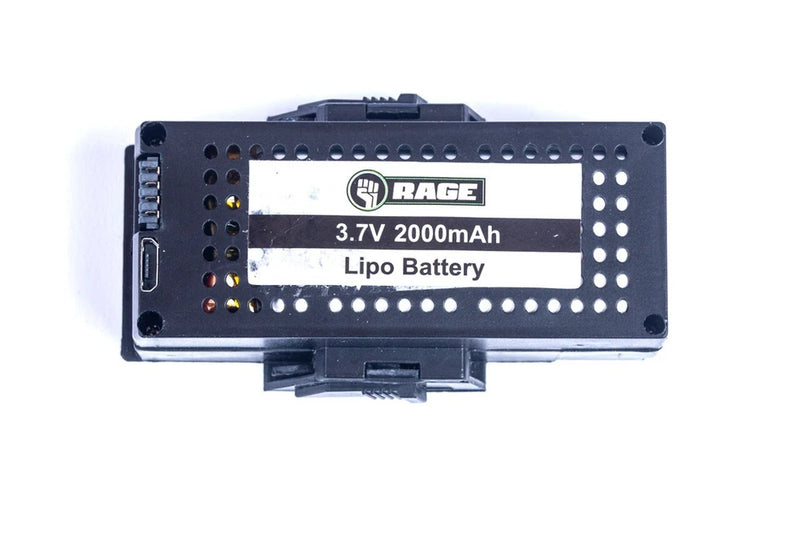 3.7V 2000mAh LiPo battery pack with RAGE label, black plastic housing