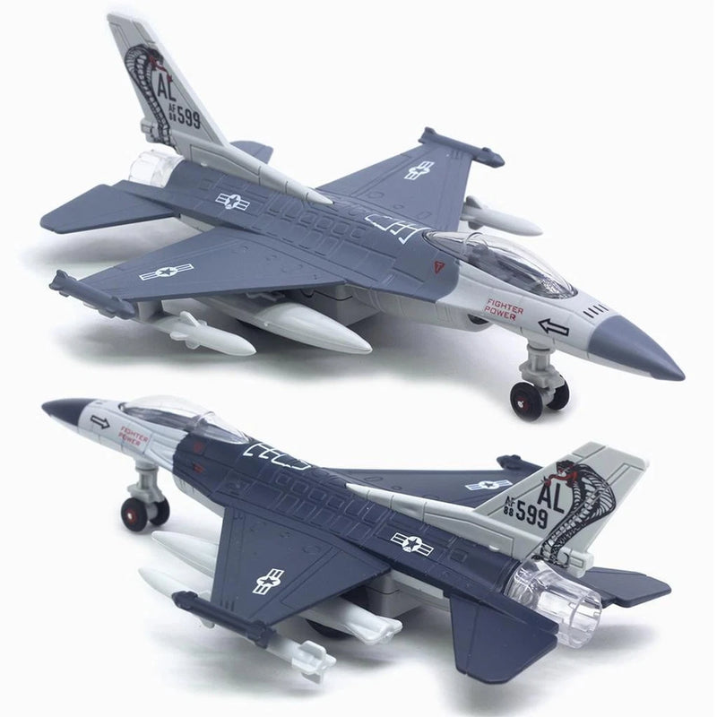 Blue gray pull-back toy fighter jet model with open cockpit
