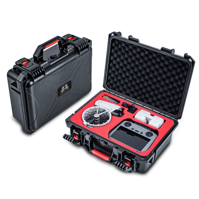 Waterproof hard-shell safety case with black foam inserts, open lid for protection