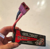 RC 2S LiPo battery with red 5200 label and T-plug connector