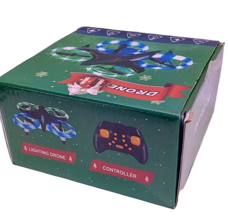Mini LED light drone starter box with controller graphic and star design