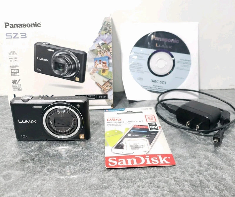 Panasonic LUMIX DMC-SZ3 16.1MP Digital Camera - Black + New 32GB MiniSD Card