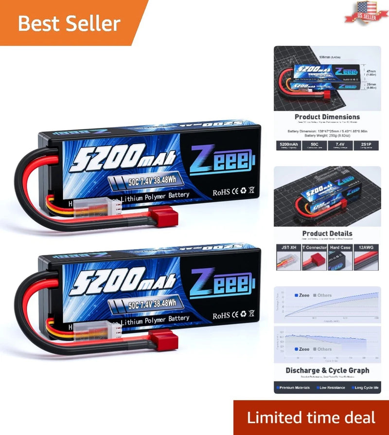 Durable Hard Case 2S Lipo Battery 7.4V 5200mAh with T Connector for RC Trucks Battery