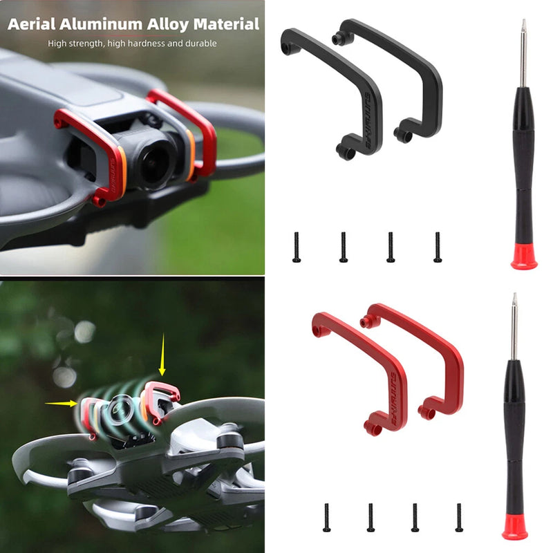 Camera lens crash protector bumper with screws and screwdriver, black and red metal frame