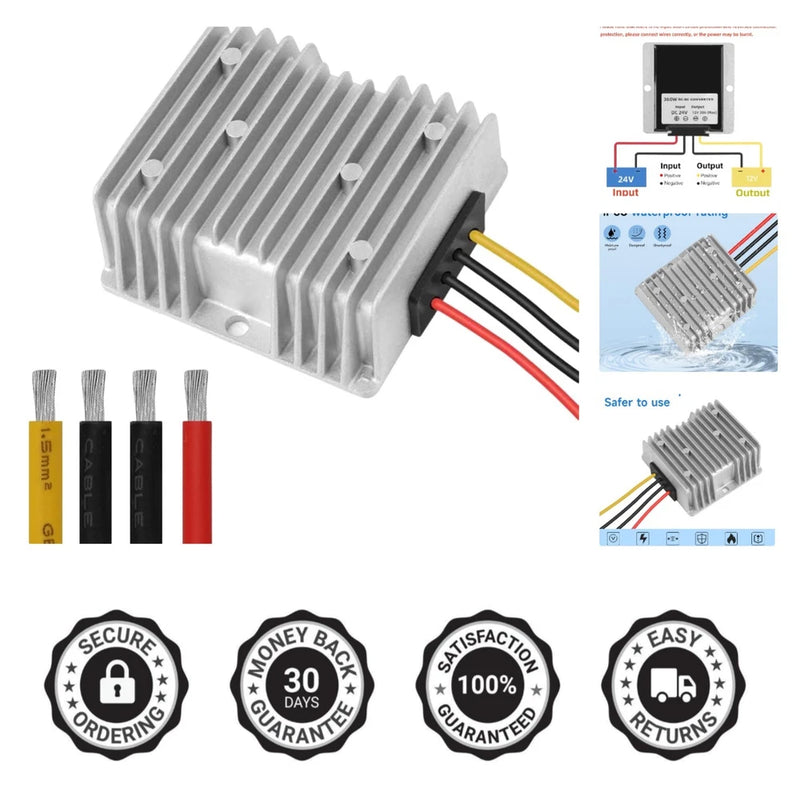 24V to 12V DC voltage converter with aluminum heatsink and input/output wire leads