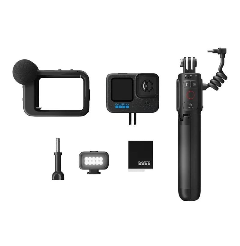 GoPro Hero action camera kit with media mod, handle grip, mounts, and camera back