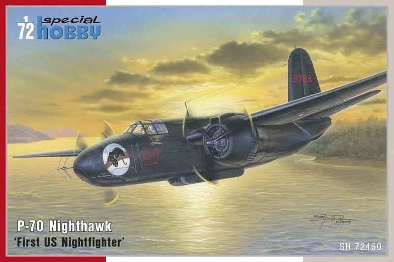 P-70 Nighthawk 1:72 model airplane in dark camouflage, side view on display.