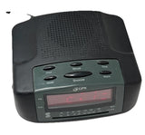 Digital radio alarm clock with green LCD display and black control panel